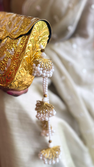 The Chandi Moti Naqashi Bag | Brass Gold-Silver Metallic Bag with Pearl & Gota Strings