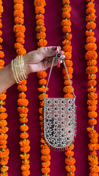 The Gulshan Bag | Embossed Metallic Phone Pouch with Flowers