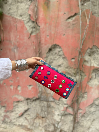 Gulaabo Mashru Silk Wallet with Mirror Work