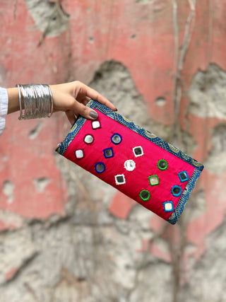 Gulaabo Mashru Silk Wallet with Mirror Work