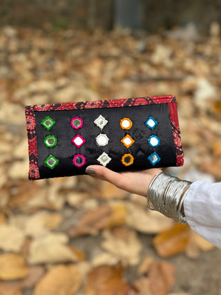 Deena Mashru Silk Wallet with Mirror Work