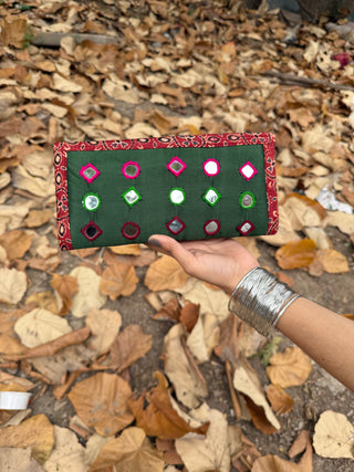 Varsha Mashru Silk Wallet with Mirror Work