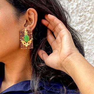 Ferhana | Rectangular Green Stone Earring  | Sanobar - Wooden Jewellery