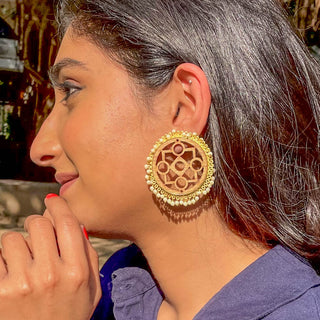 Tasneem | Circular Wood and Pearl Earrings| Sanobar - Wooden Jewellery