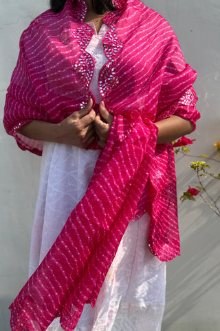 Shaahi Gulaabi  | Leheriya Rani Pink Kota Doria Mirror Work Dupatta