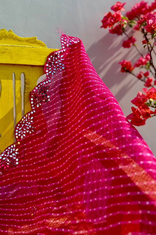 Shaahi Gulaabi  | Leheriya Rani Pink Kota Doria Mirror Work Dupatta