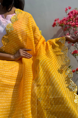 Basanti  | Leheriya Yellow Kota Doria Mirror Work Dupatta