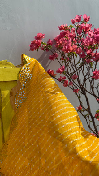 Basanti  | Leheriya Yellow Kota Doria Mirror Work Dupatta