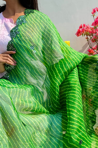 Totapari | Leheriya Green Kota Doria Mirror Work Dupatta