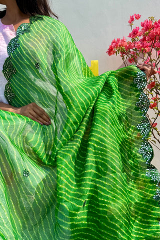 Totapari | Leheriya Green Kota Doria Mirror Work Dupatta