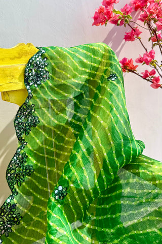 Totapari | Leheriya Green Kota Doria Mirror Work Dupatta