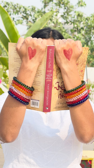 Indradhanush Jalebi Stack | Stack of Green, Orange, Yellow, Blue, Baby Pink & Red Jalebi Bangles