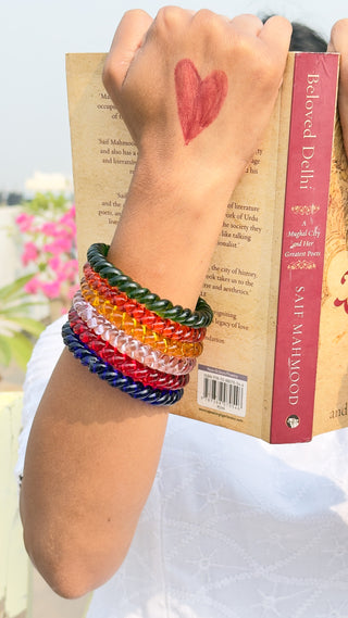 Indradhanush Jalebi Stack | Stack of Green, Orange, Yellow, Blue, Baby Pink & Red Jalebi Bangles