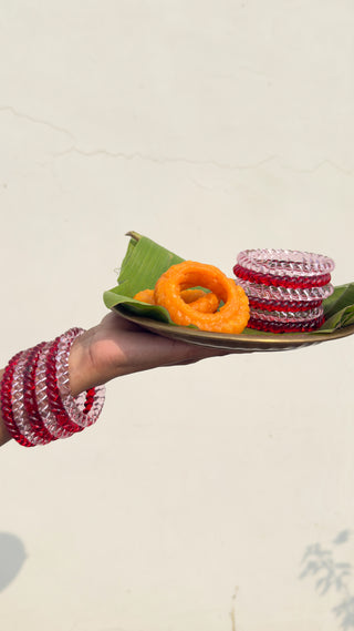 Gulab Aur Gulkand Jalebi Stack | Baby Pink & Red Jalebi Bangles