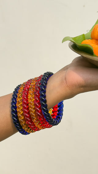 Rang Lehrien Jalebi Stack | Blue, Yellow & Red Jalebi Bangles