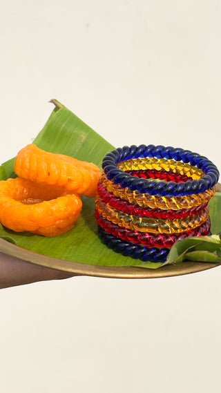 Rang Lehrien Jalebi Stack | Blue, Yellow & Red Jalebi Bangles