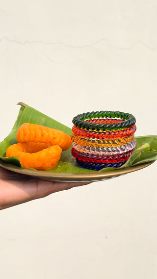 Indradhanush Jalebi Stack | Stack of Green, Orange, Yellow, Blue, Baby Pink & Red Jalebi Bangles