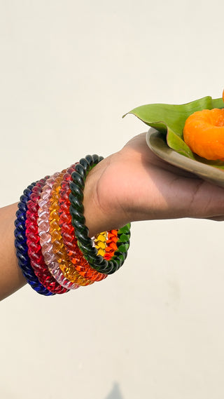 Indradhanush Jalebi Stack | Stack of Green, Orange, Yellow, Blue, Baby Pink & Red Jalebi Bangles