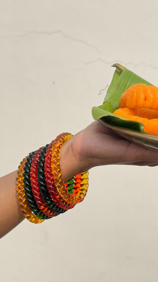 Shaam Ki Dhoop Jalebi Stack | Stack of Green, Orange & Yellow Jalebi Bangles