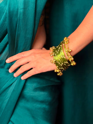 Green Stone Studded Bangles with Ghunghroo Bangles Stack