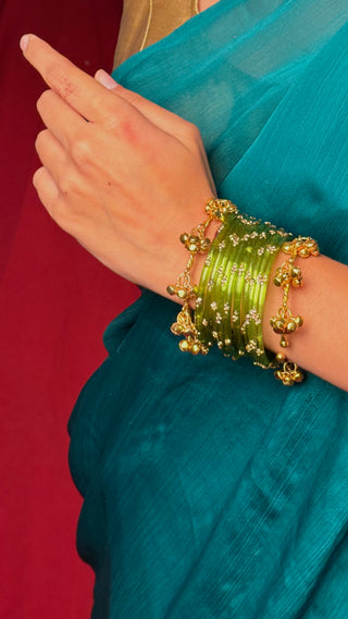 Green Stone Studded Bangles with Ghunghroo Bangles Stack