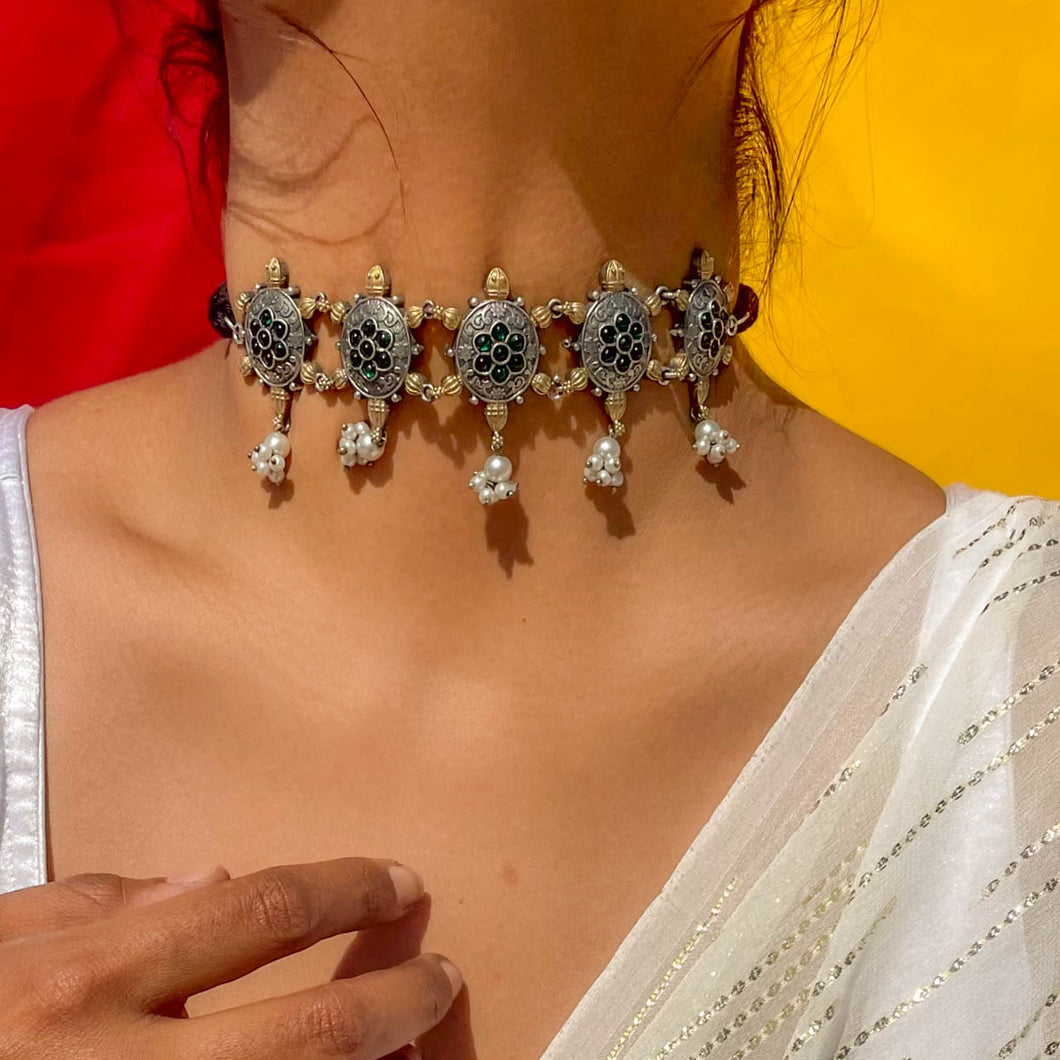 Prema Stone Work Choker | Gold & Silver Blended Jewellery with Stone Work | Ganga Jamuna