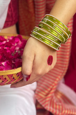 The Shobhita Stack | Green Stone Studded & Pearl Bangles