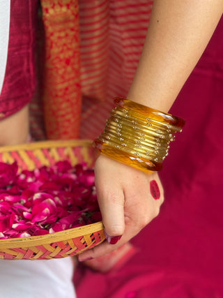 The Sunehri Kirnein Stack | Yellow Crystal Cut Pair with Golden Stone Studded Bangles