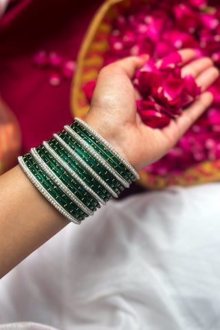 The Barsati Moti Stack | Dark Green Stone Studded Bangles with Pearl Bangles