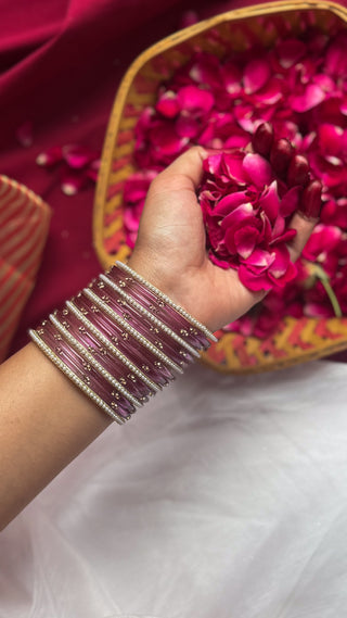 The Sanjh Ki Phoolwari Stack | Lilac Stone Studded Bangles with Pearl Bangles