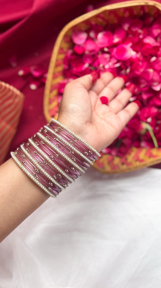 The Sanjh Ki Phoolwari Stack | Lilac Stone Studded Bangles with Pearl Bangles