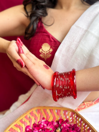 The Rang-e-Laal Bangle Stack | Red Crystal Cut Pair with Red Stone Studded Stack