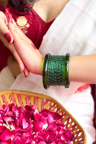 The Hariyali Stack | Green Crystal Cut & Green Stone Studded Bangles