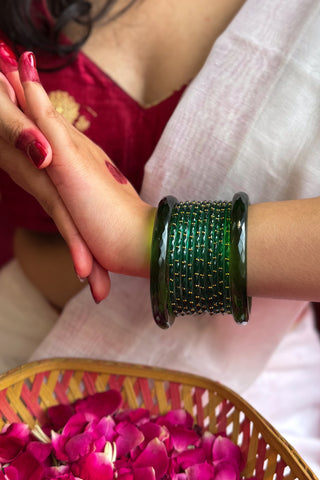 The Hariyali Stack | Green Crystal Cut & Green Stone Studded Bangles