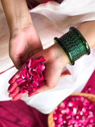 The Hariyali Stack | Green Crystal Cut & Green Stone Studded Bangles