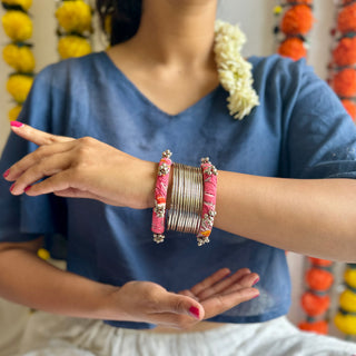 Gulaabi Ghungroo & Silver Bangle Stack (Set of 14) | JanpathOnline Fabric Jewellery Drop August '24