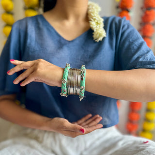 Hare Ghungroo & Silver Bangle Stack (Set of 14) | JanpathOnline Fabric Jewellery Drop August '24