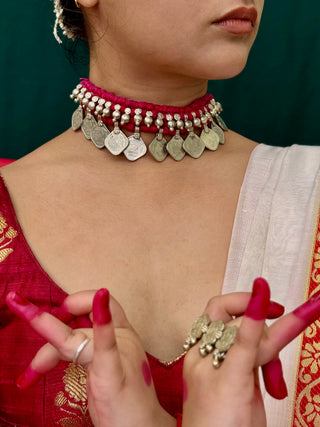 Amrapali Coin Choker with Maroon Threads