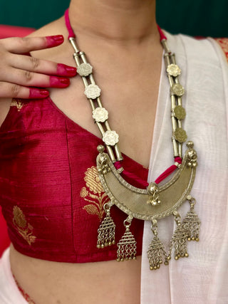 The Sundari Lambani Necklace with Coin & Moonin Pink Threads