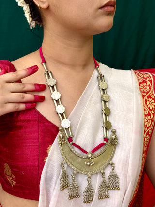 The Sundari Lambani Necklace with Coin & Moonin Pink Threads