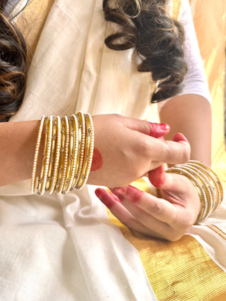 Amaltas aur Moti Stack | Golden Stone Studded Bangles & Moti Bangles