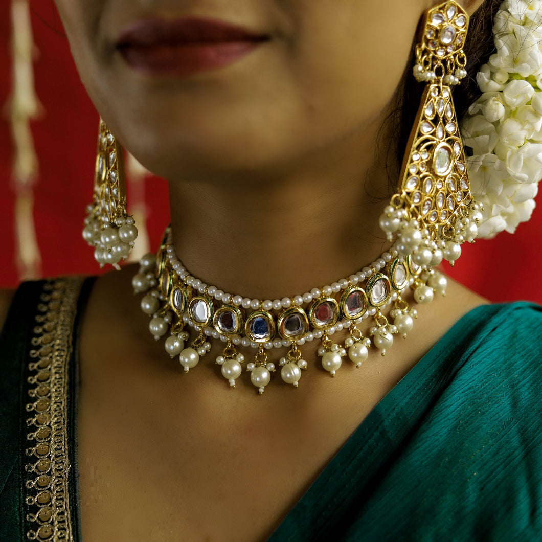 Lajwanti | Kundan Single String Necklace with Pearl Lining & Earrings | Kanak ~ Kundan for Teej