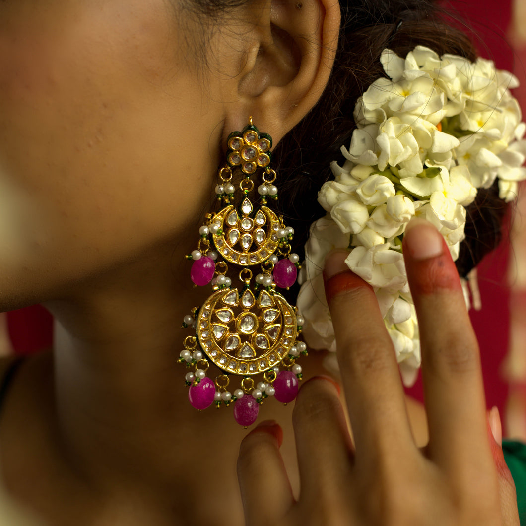 Nanda | Chandbaali Style Jhumke with Pink Stones | Kanak ~ Kundan for Teej