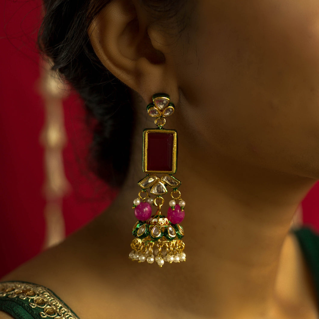 Saraswati | Square Kundan Earrings with Jhumki Finish | Kanak ~ Kundan for Teej