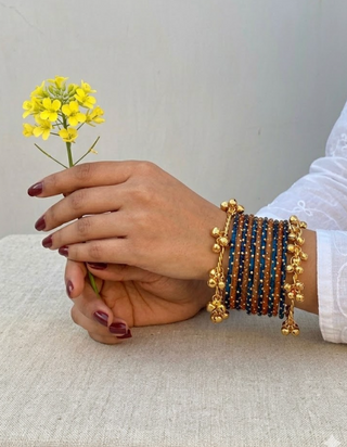 Seher Ki Roshni Roshna Stack - Blue & Peach with Sunehri Ghunghroo Bangles | Rang Barse