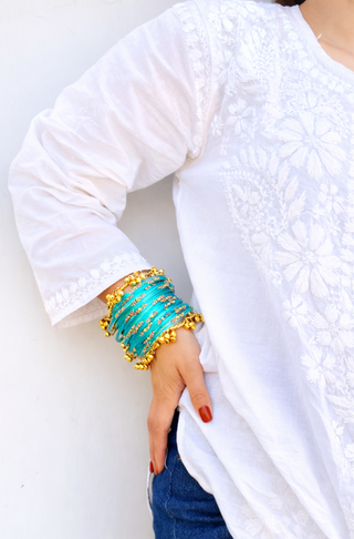 Firoza Blue Ratnaara Bangles with Sunehri Ghunghroo Bangles | Rang Barse