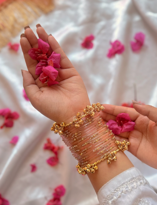 Padmika Baby Pink Ratnaara Bangles with Sunehri Ghunghroo Bangles | Rang Barse