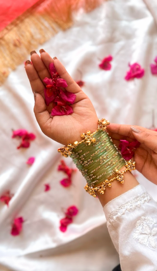 Fiza Mint Green Ratnaara Bangles with Sunehri Ghunghroo Bangles | Rang Barse