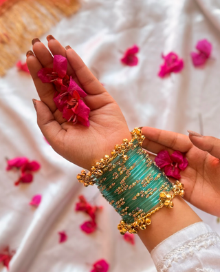 Firoza Blue Ratnaara Bangles with Sunehri Ghunghroo Bangles | Rang Barse
