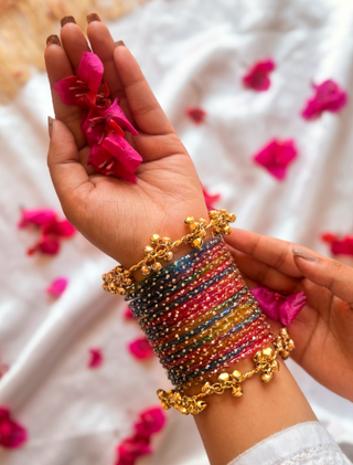 Aabshar Multicolored Roshna Bangles with Sunehri Ghunghroo Bangles | Rang Barse